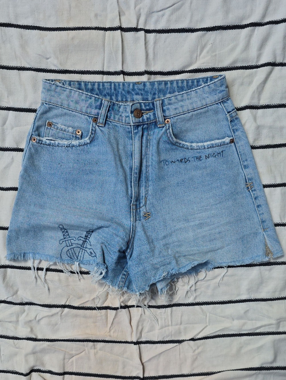 Ksubi Graffiti Light Blue Distressed High-Waist Denim Shorts
